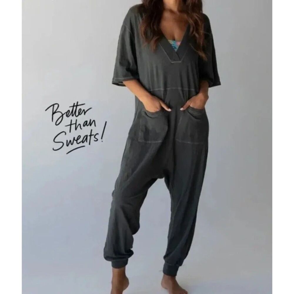 Natural Life Charlie V Neck Cotton Harem Jumpsuit Charcoal Grey | SZ Small